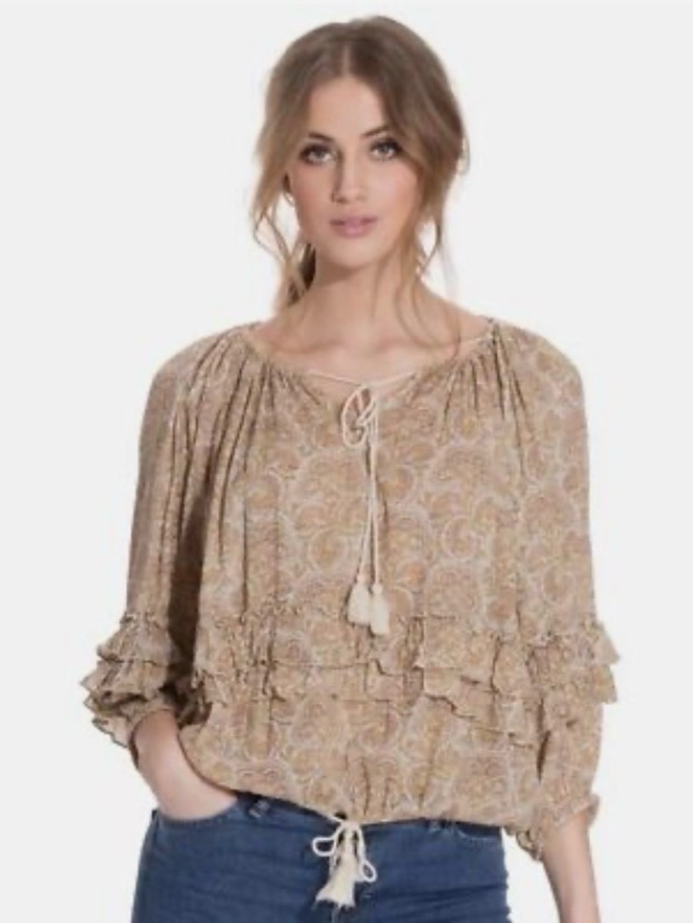 Ralph Lauren Denim & Supply Beige Paisley Tassel Tie-Neck Ruffle Blouse